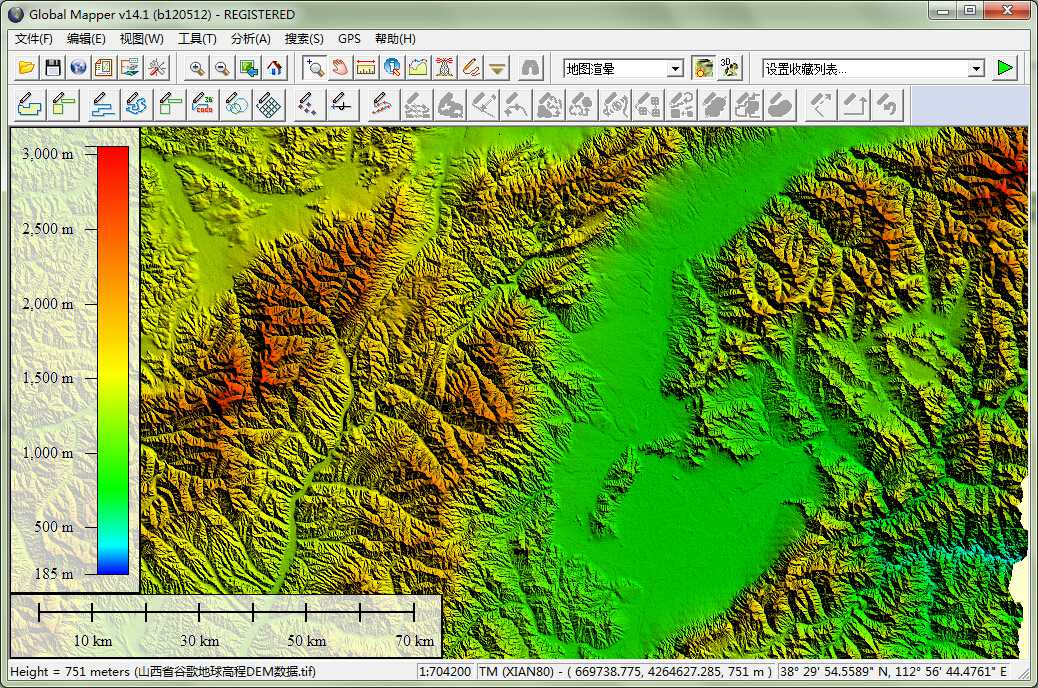 12山西省谷歌地球高程DEM数据在GlobalMapper中查看局部数据.jpg